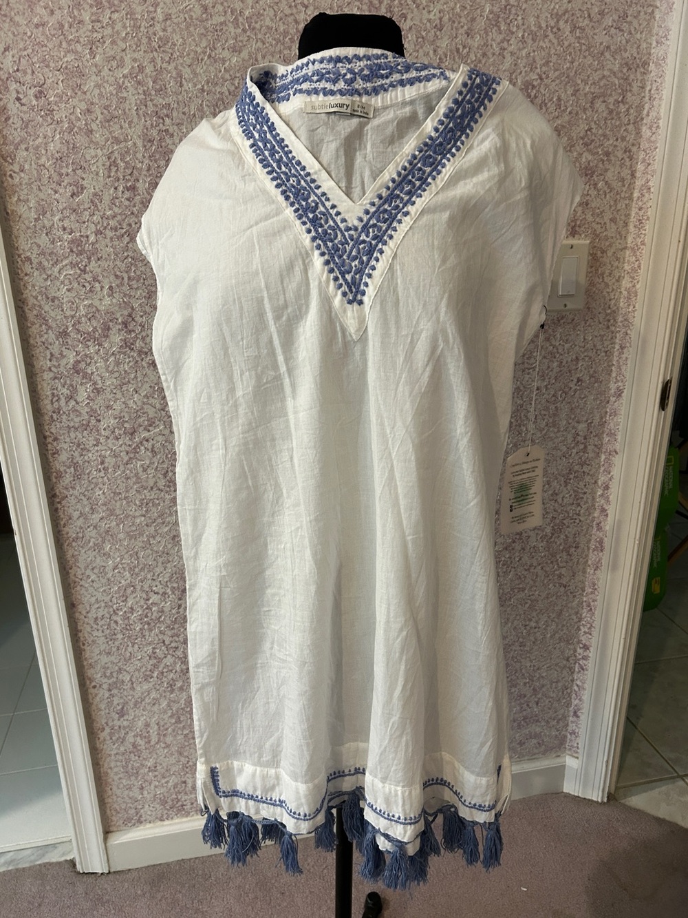 Subtle luxury NWT S/M white and blue coverup fringed tassel dress